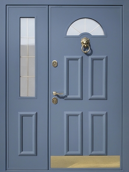 Полуторная входная термодверь со скрытыми петлями, кнокером, отбойником и остеклением (отделка – МДФ RAL с багетом) Полуторная входная термодверь со скрытыми петлями, кнокером, отбойником и остеклением (отделка – МДФ RAL с багетом)