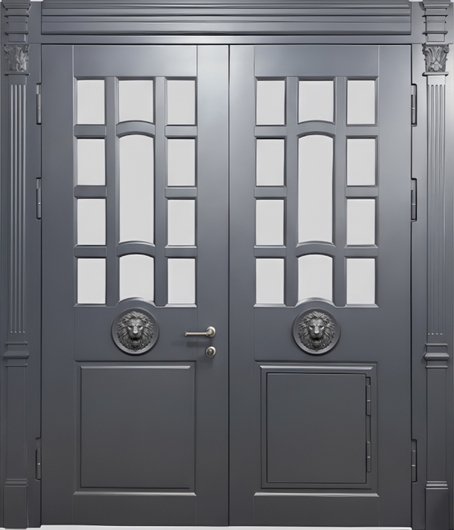 Двустворчатая парадная термодверь с остеклением, декором «лев» и панелями МДФ графит